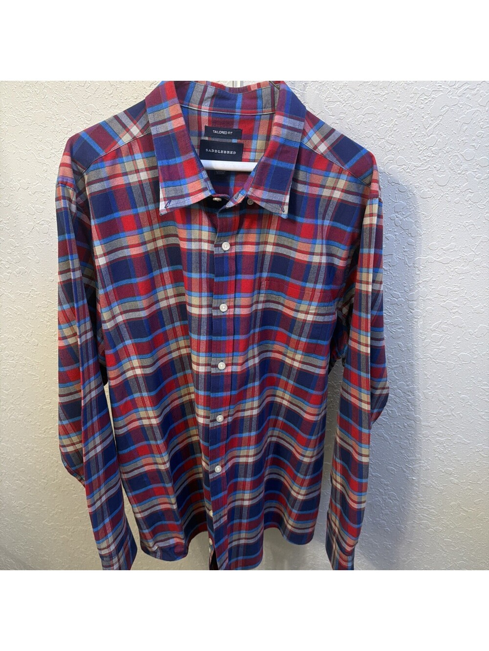 Saddlebred Button Up Shirt Men XL Tailored Fit Long Sleeve Red Blue Plaid Cotton